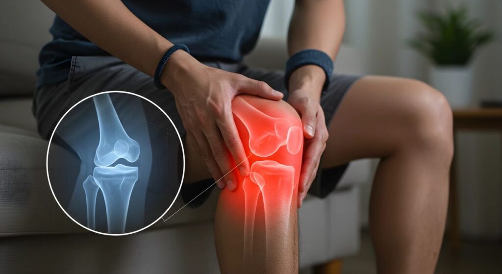 Illustration showing knee joint cartilage damage and arthritis causing pain and stiffness