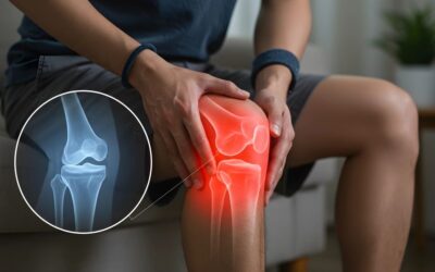 Illustration showing knee joint cartilage damage and arthritis causing pain and stiffness