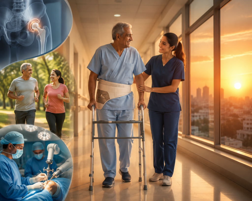 Hip replacement patient walking with a physiotherapist on the same day after surgery using a walker during rapid recovery rehabilitation.