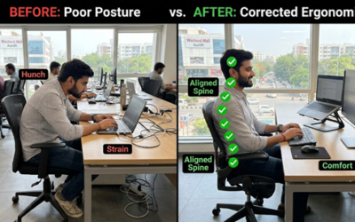 IT professional working at a computer with poor posture showing forward head position and rounded shoulders causing the Hinjewadi Hunch.