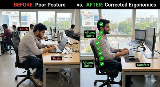 IT professional working at a computer with poor posture showing forward head position and rounded shoulders causing the Hinjewadi Hunch.