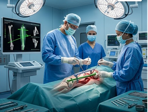 Orthopedic surgeon reviewing a failed hip replacement implant before revision joint replacement surgery