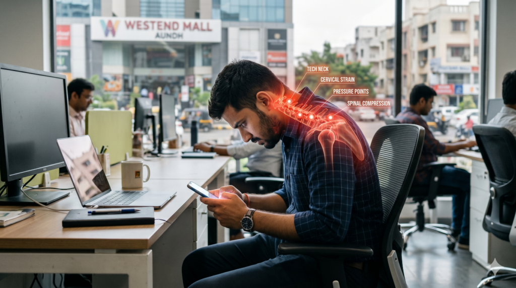Young IT professional using a smartphone with poor posture demonstrating texting neck and scrolling shoulders in Pune.