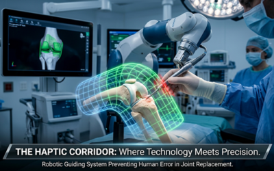 Robotic knee replacement surgery using haptic corridor technology to guide precise bone preparation and implant positioning.