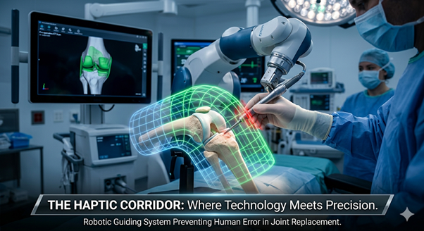 Robotic knee replacement surgery using haptic corridor technology to guide precise bone preparation and implant positioning.