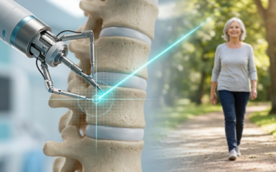 Senior patient undergoing robotic spine surgery with a miniaturized robotic guidance system assisting the surgeon during a minimally invasive procedure.