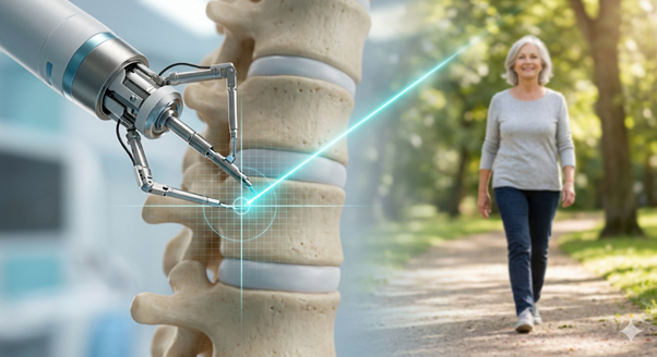Senior patient undergoing robotic spine surgery with a miniaturized robotic guidance system assisting the surgeon during a minimally invasive procedure.