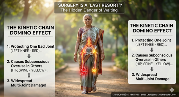 Patient walking with a limp due to knee pain, showing how delayed joint treatment can affect the hip, spine, and surrounding joints.