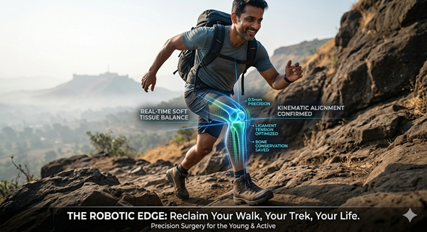 Active middle-aged adult returning to hiking after robotic knee replacement surgery with advanced robotic technology and precision alignment visualization.