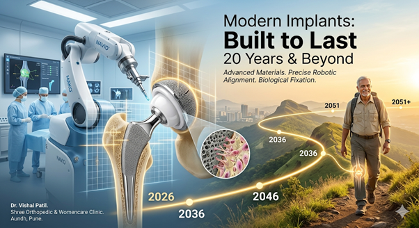 Active senior hiking in the mountains years after successful hip replacement surgery, demonstrating the long-term durability of modern joint implants.